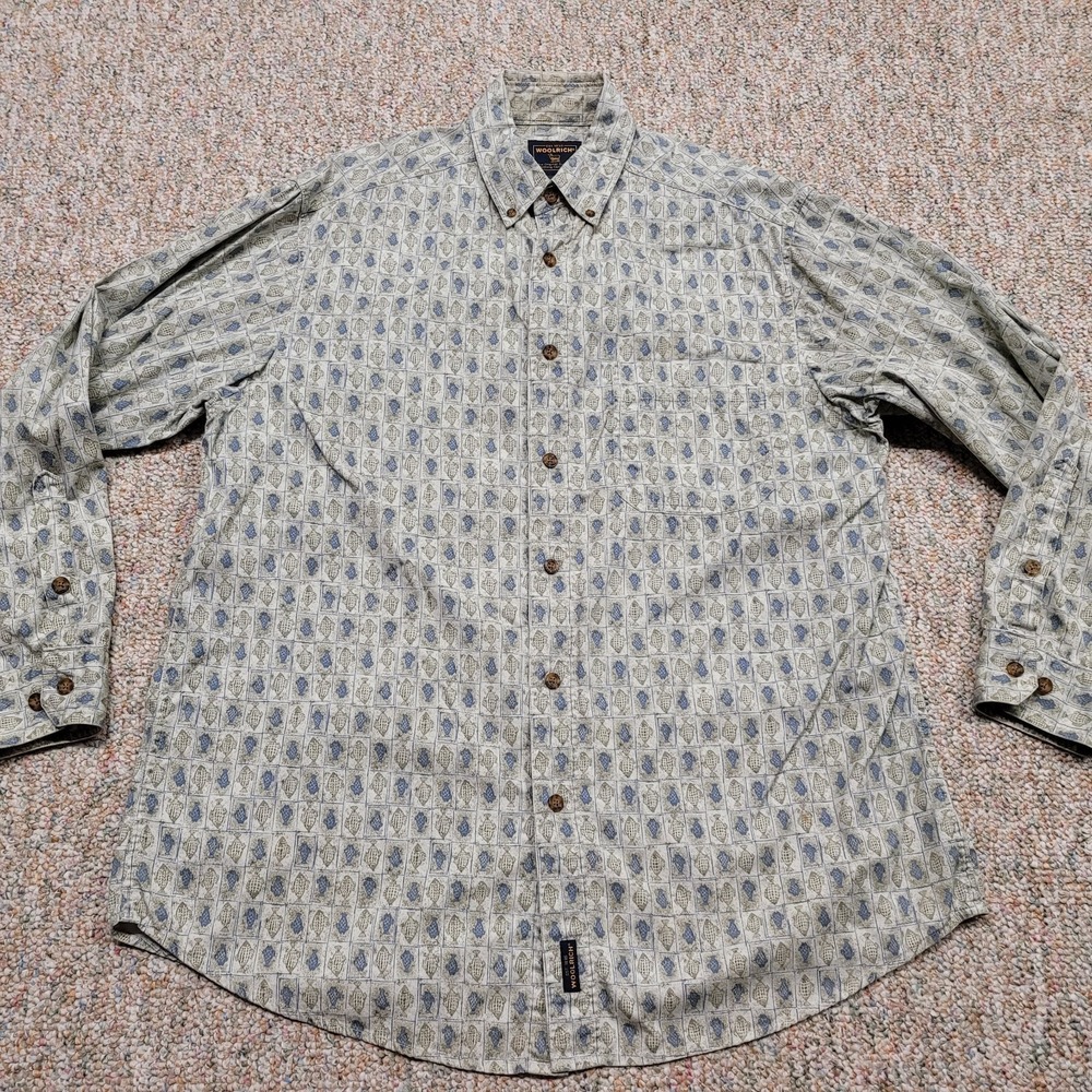 Woolrich Shirt Men Large Button Down All Over Fish Print Hiking Camping Outdoors